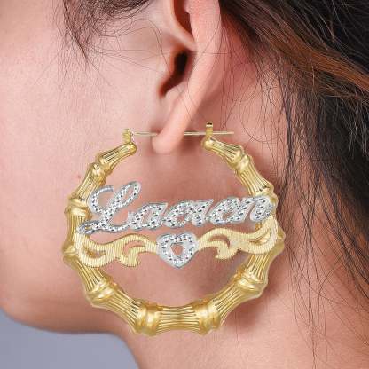 Two Tone Hollow Heart Bamboo Earrings Personalized Custom Gold Plated Name Earrings-silviax