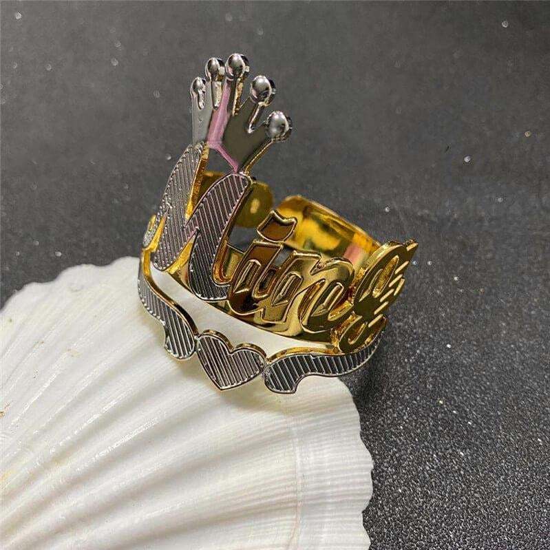 Two Tone Nameplate with Crown Heart Cuff Bangle Personalized Custom Gold Plated Name Bracelet-silviax