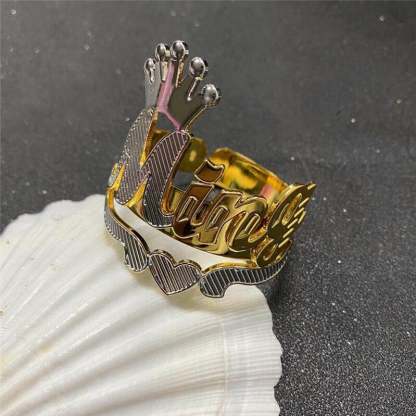 Two Tone Nameplate with Crown Heart Cuff Bangle Personalized Custom Gold Plated Name Bracelet-silviax