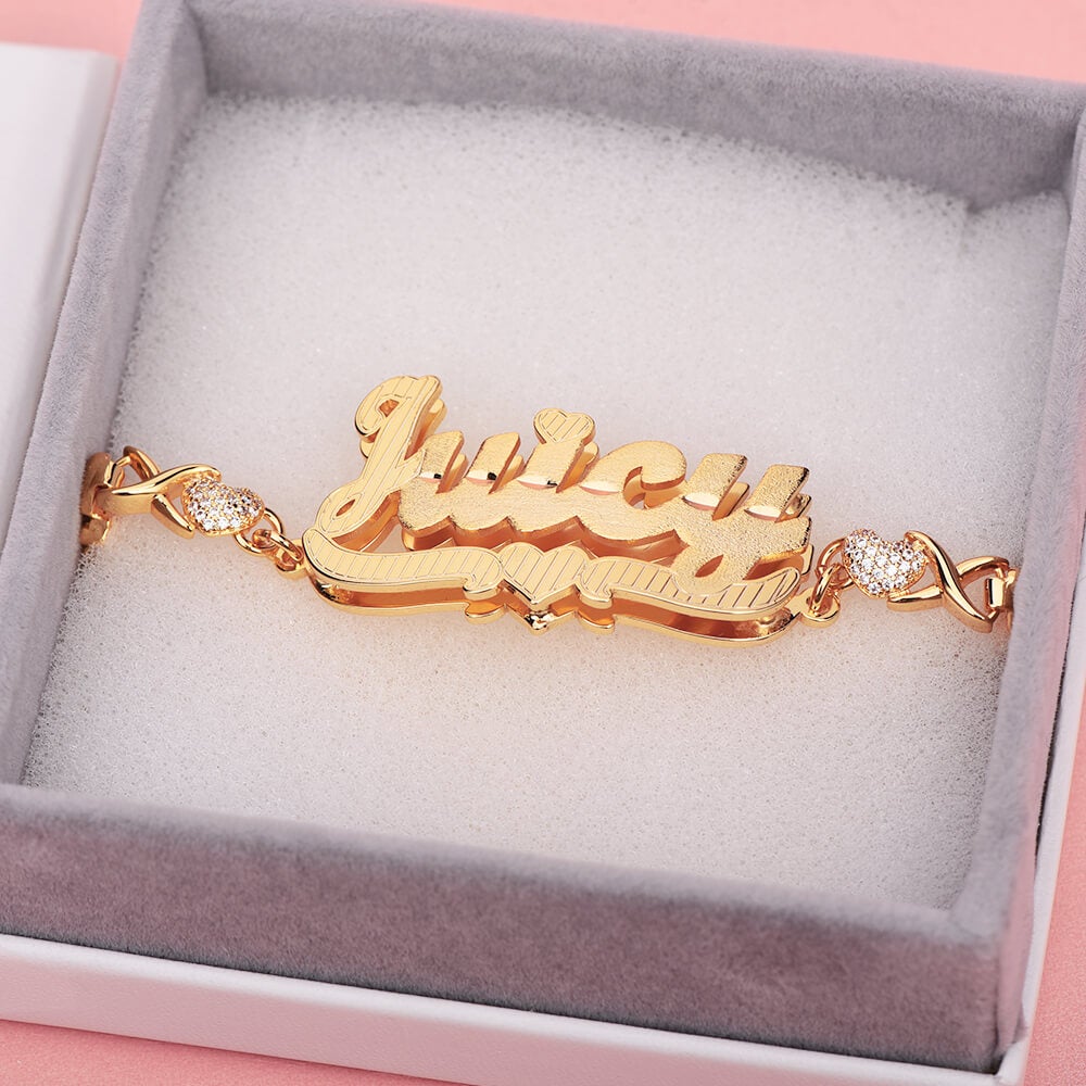 Double Layer Heart with Teddy XOXO Chain Personalized Custom Gold Plated Name Bracelet-silviax