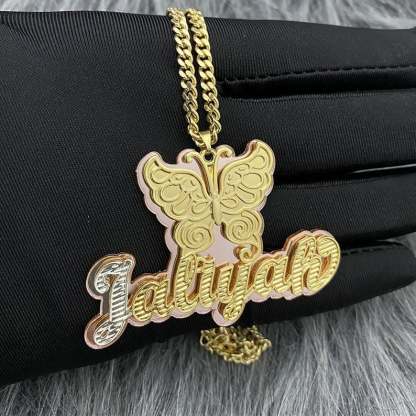 Double Plate Acrylic Two Tone Gold-plated Butterfly Personalized Custom Name Necklace-silviax
