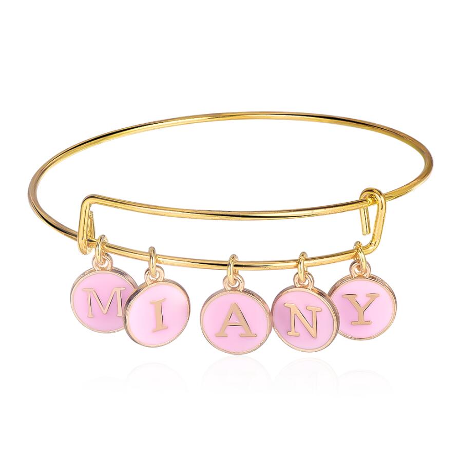 Personalized Pink Enamel Letter Name Charm Bangle Bracelet-silviax