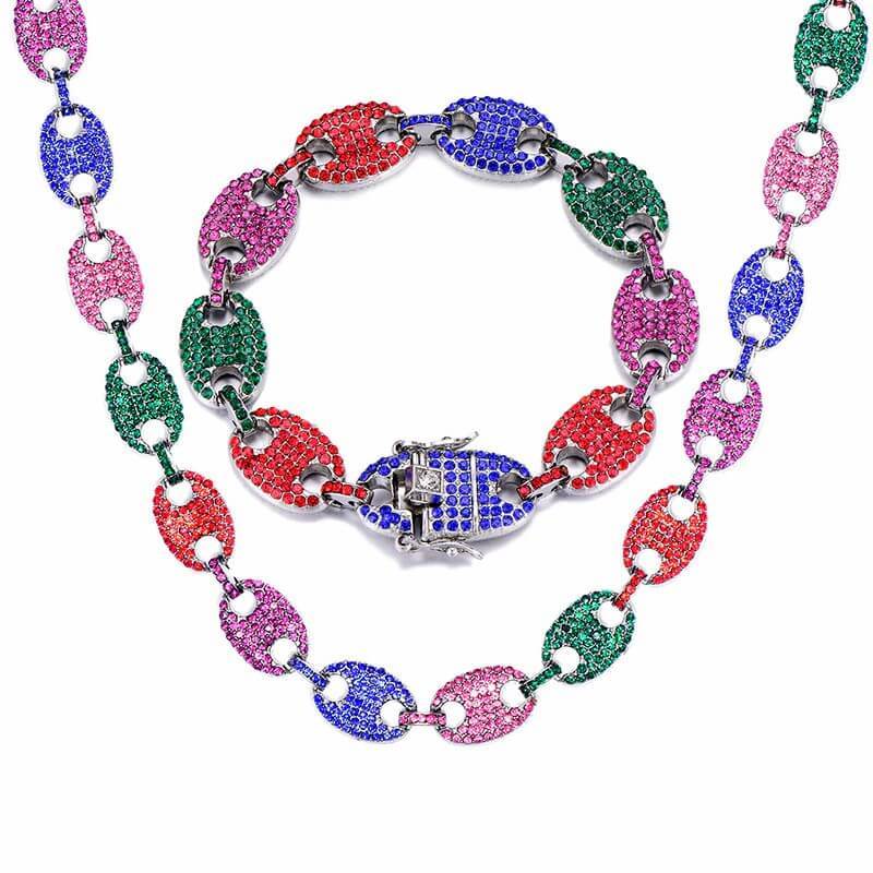 13mm Multi-Colors Pig Nose Link Chain Gold Plated Necklace and Bracelet Set-silviax
