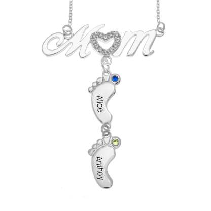 1 to 5 Baby Foot Mom Name Birthstones Gold Plated Personalized Custom Family Necklace