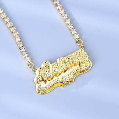 Double Plate with Tennis Chain nameplate Personalized Custom Gold Plated Name Necklace and Bracelet Set-silviax