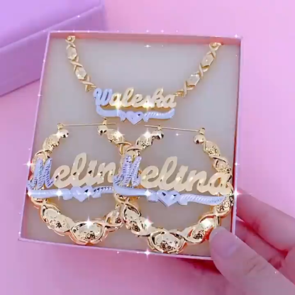 Two Tone Personalized Custom Gold Plated Double Layer XOXO Chain Name Necklace and XOXO Bamboo Name Earrings Set