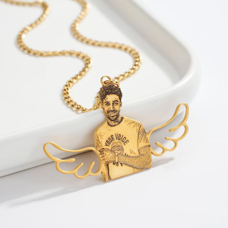Angle Wings Photo Nameplate Pendant Personalized Custom Gold Plated Name Necklace