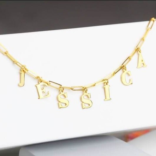 Paperclip Chain Hanging Capital Letter Personalized Custom Gold Plated Name Necklace-silviax
