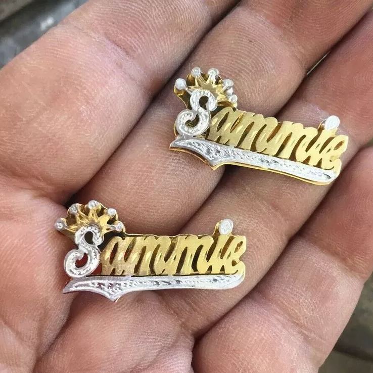 Double Plate Two Tone with Crown Nameplate Personalized Custom Gold Plated Name Earrings