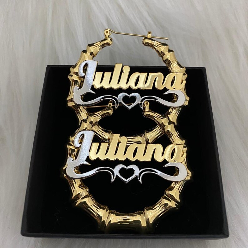 Two Tone Bamboo Earrings with Hollow Heart Personalized Custom Gold Plated Name Earrings-silviax