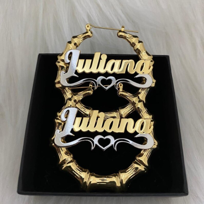 Two Tone Bamboo Earrings with Hollow Heart Personalized Custom Gold Plated Name Earrings-silviax