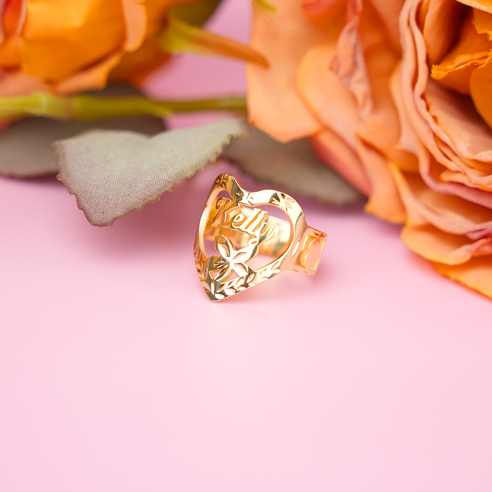Heart Shaped Flower Engraved Gold Plated Personalized Custom Name Ring-silviax
