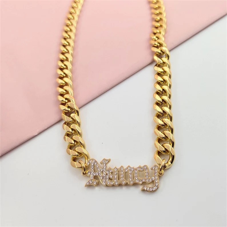 Cuban Chain Personalized Custom Zirconia Nameplate Chocker Gold Plated Name Necklace-silviax