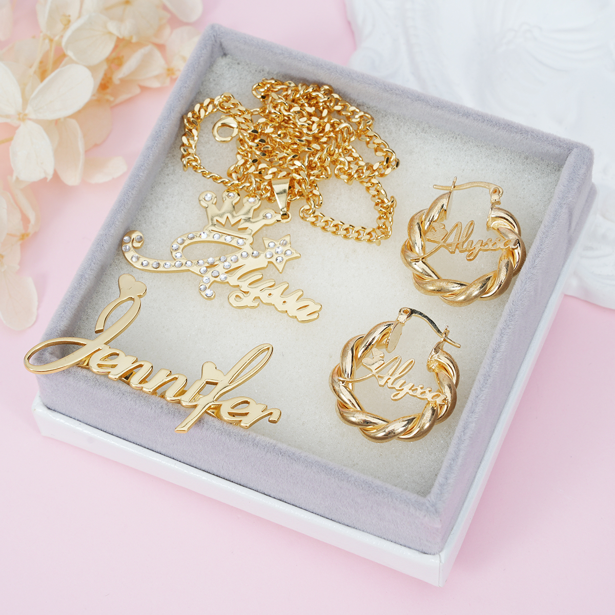 Love Heart Nameplate Personalized Jewelry Set 3pcs Zircon Name Necklace Name Earrings And Two Finger Ring