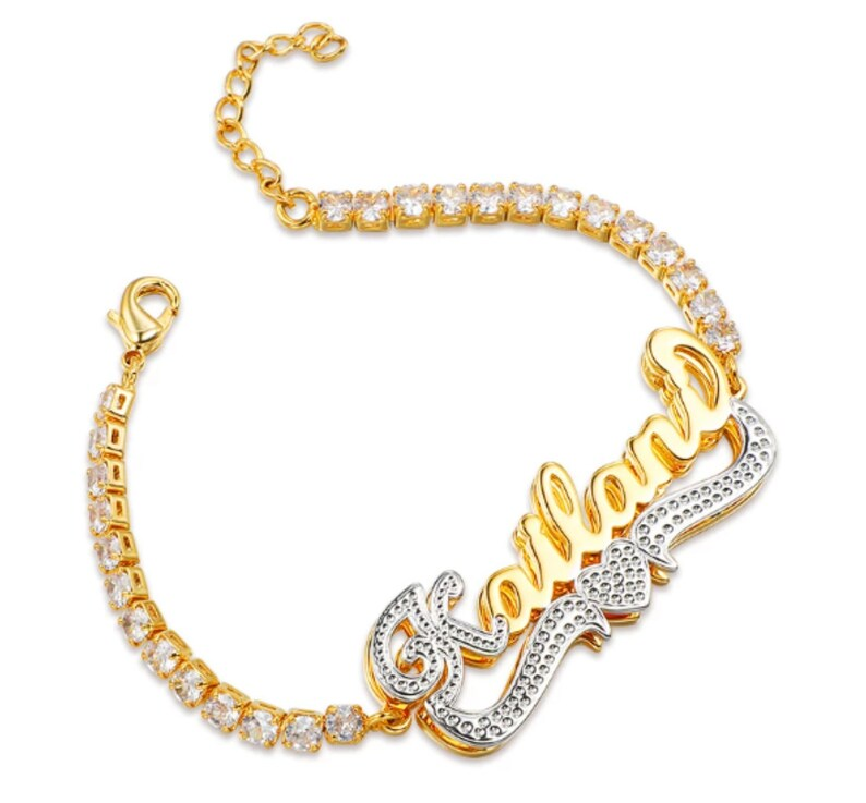 Tennis Chain Two Tone Double Layer Personalized Heart Name Bracelet-silviax