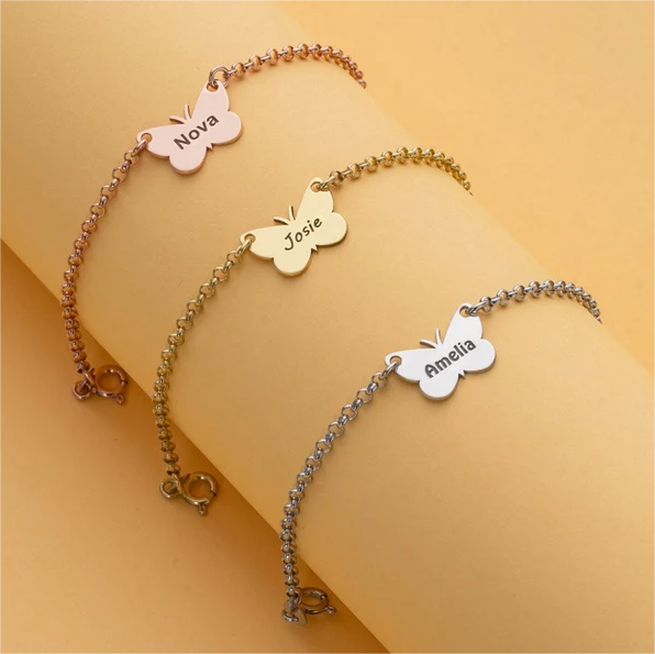 Personalized Custom Gold Plated Butterfly Engraved Name Bracelet