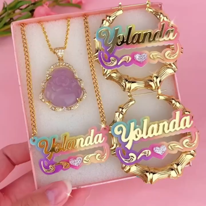Pink Buddha Necklace Colorful Acrylic Heart Name Necklace and Bamboo Earrings Set 3pcs