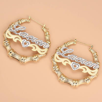 Two Tone Hollow Heart Bamboo Earrings Personalized Custom Gold Plated Name Earrings-silviax