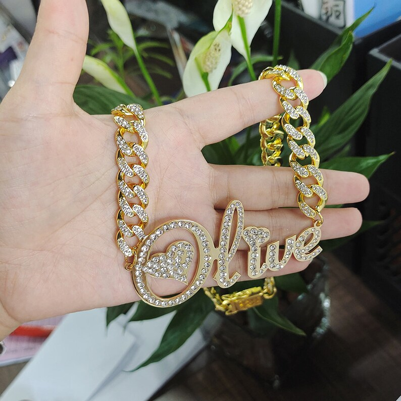 Icy Out Cuban Chain Personalized Gold Plated Name Necklace with Heart 