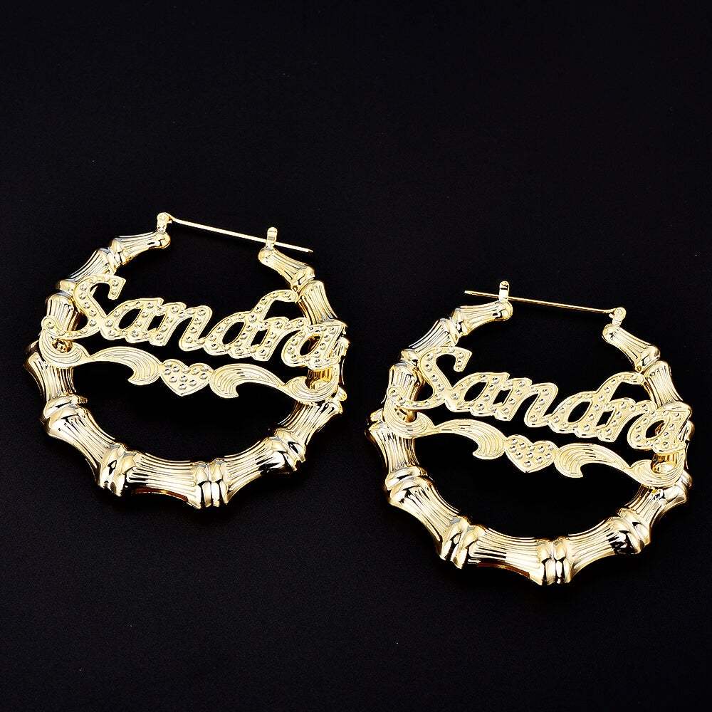 Bamboo Hoop Nameplate Love Heart Personalized Custom Bamboo Earrings Gold Plated Jewelry Gift for her-silviax