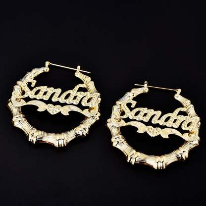 Bamboo Hoop Nameplate Love Heart Personalized Custom Bamboo Earrings Gold Plated Jewelry Gift for her-silviax