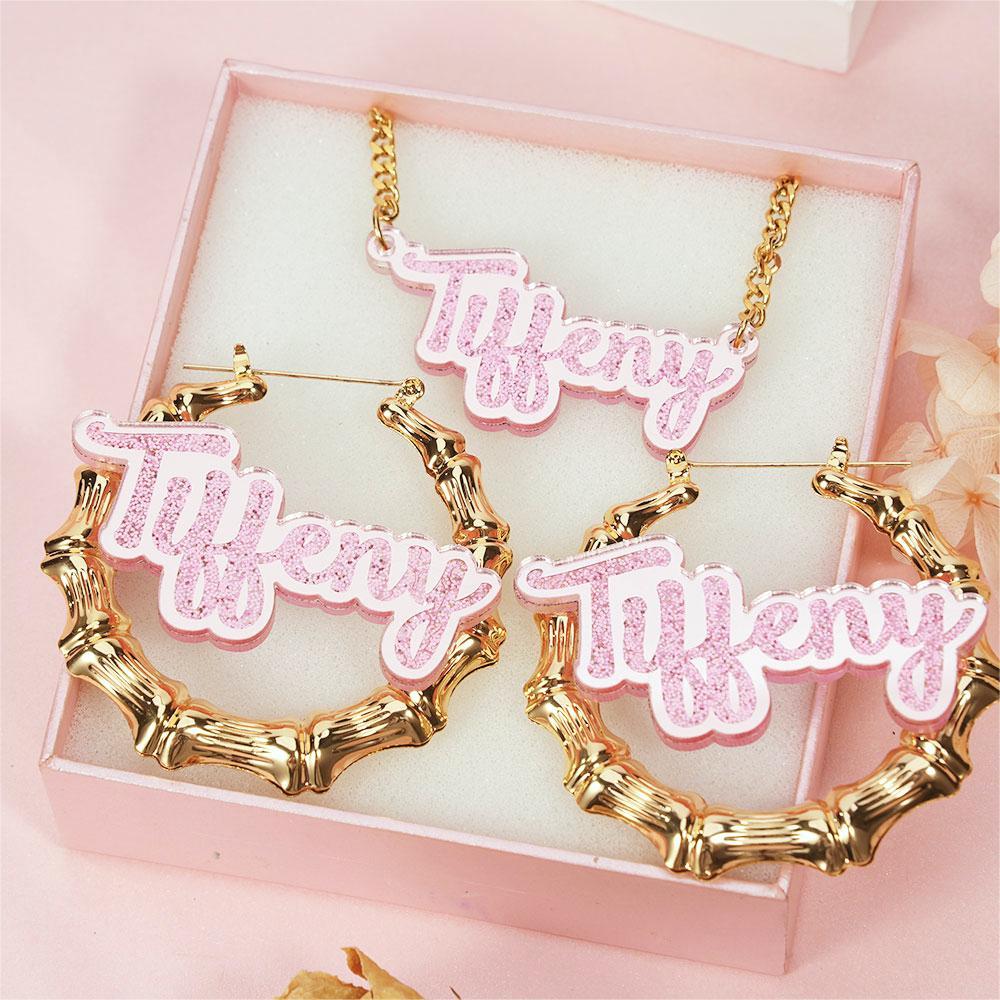 Pink Color Acrylic Name Jewelry Set Personalized Custom Name Necklace Bamboo Name Earrings Set Kids Gift-silviax
