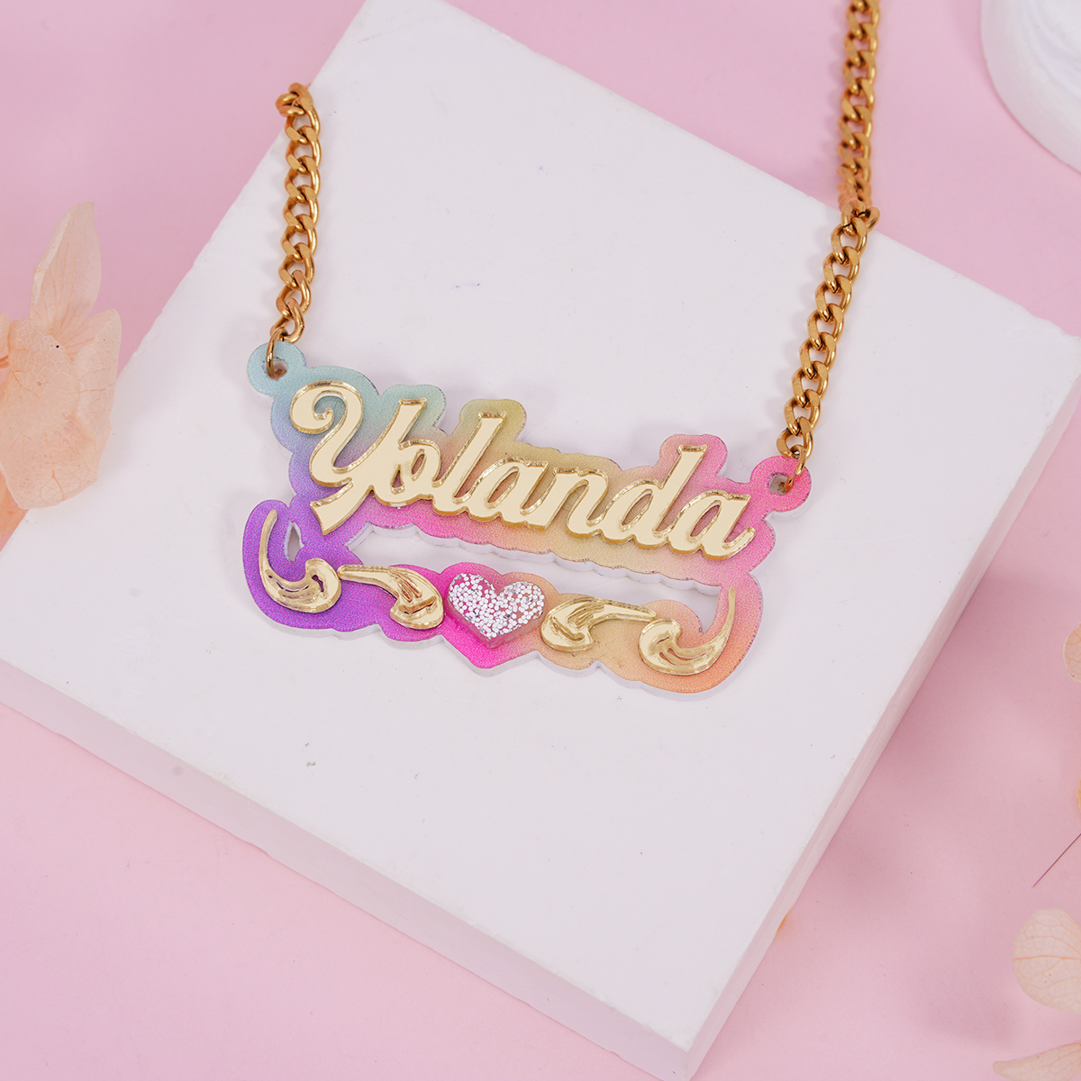 Personalized Custom Double Plate Colorful Acrylic Nameplate with Heart Gold Plated Name Necklace