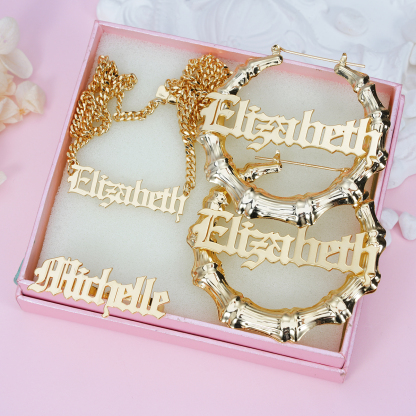 Old English Nameplate Personalized Jewelry Set 3pcs Name Necklace Name Earrings And Ring