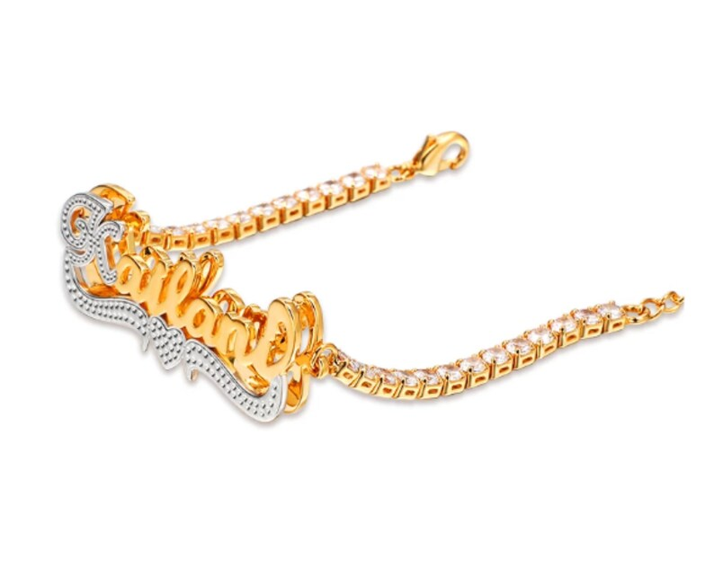 Tennis Chain Two Tone Double Layer Personalized Heart Name Bracelet-silviax