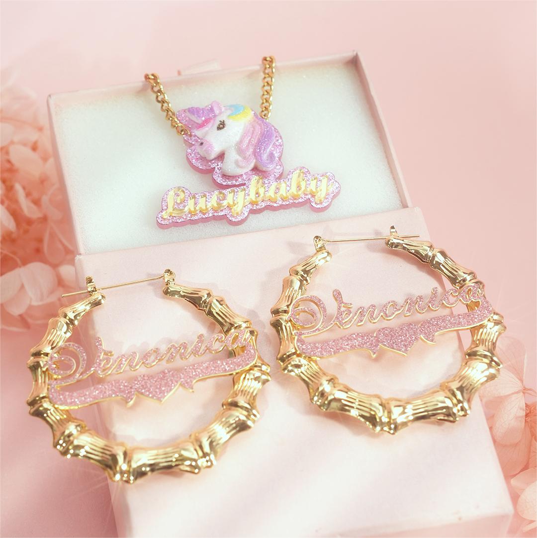 Cute Unicorn Personalized Acrylic Name Necklace and Bling Pink Color Bamboo Name Earrings Set