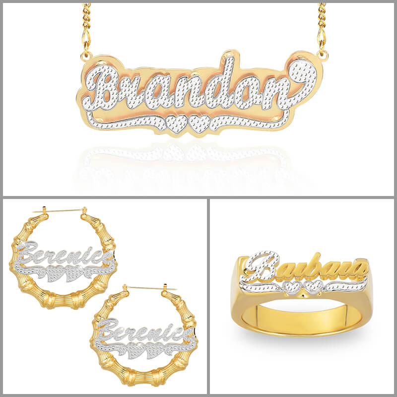 Two Hearts Two Tone Personalized Custom Gold Plated Double Plate Name Necklace Bamboo Hoop Name Earrings and Name Ring Set-silviax