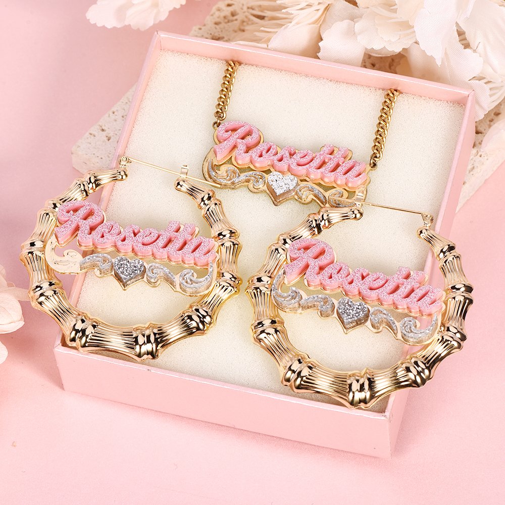 Pink Acrylic Nameplate with Heart Personalized Name Necklace and Bamboo Earrings Set