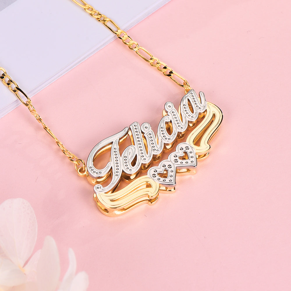 Two Tone Gold Plated Personalized Hollow Heart Double Plate 3D Name Necklace-silviax
