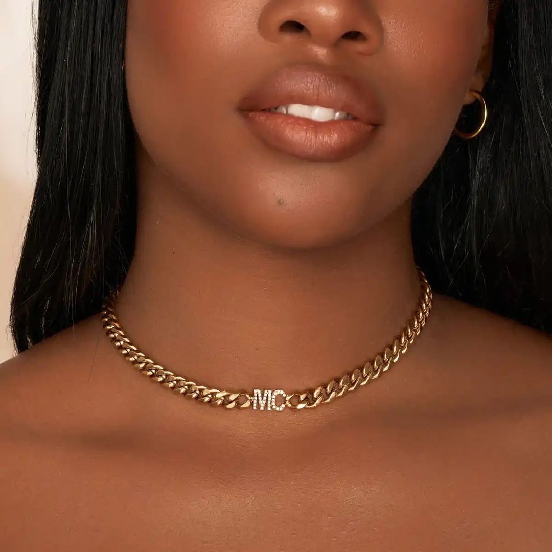 Custom Initial Choker Necklace and Bracelet Set with Cuban Chain-silviax