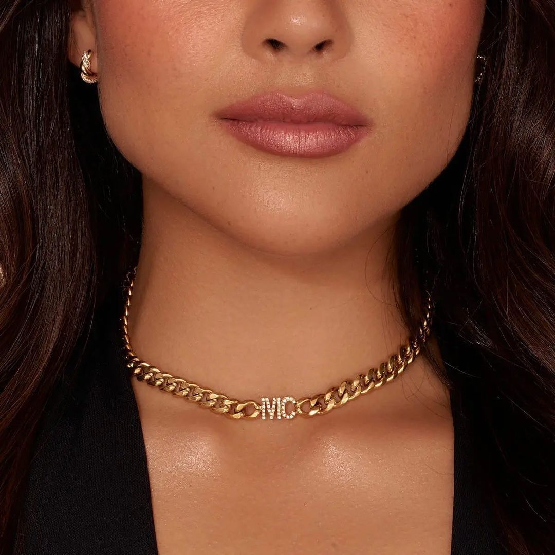 Custom Initial Choker Necklace and Bracelet Set with Cuban Chain-silviax