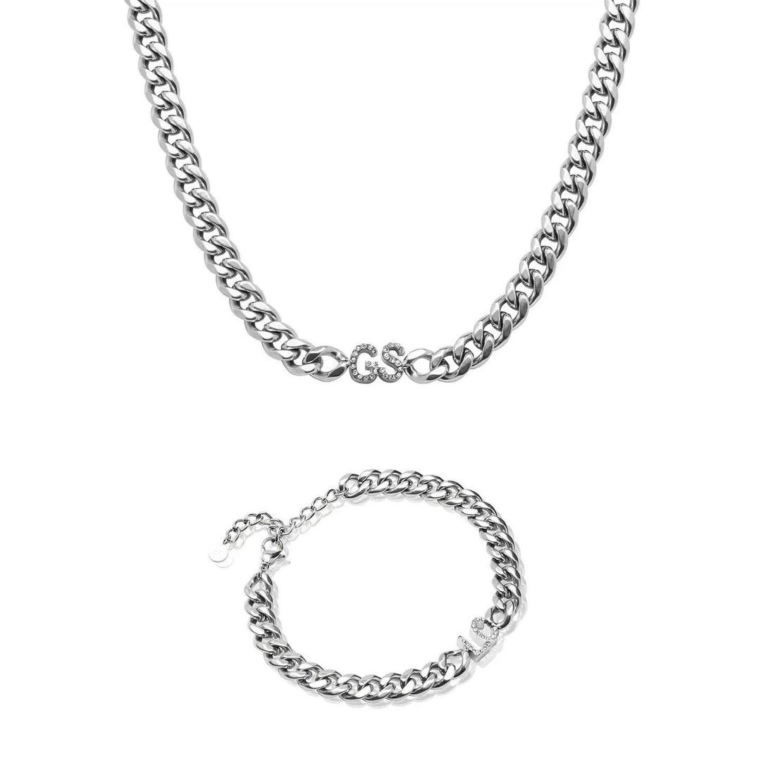 Custom Initial Choker Necklace and Bracelet Set with Cuban Chain-silviax