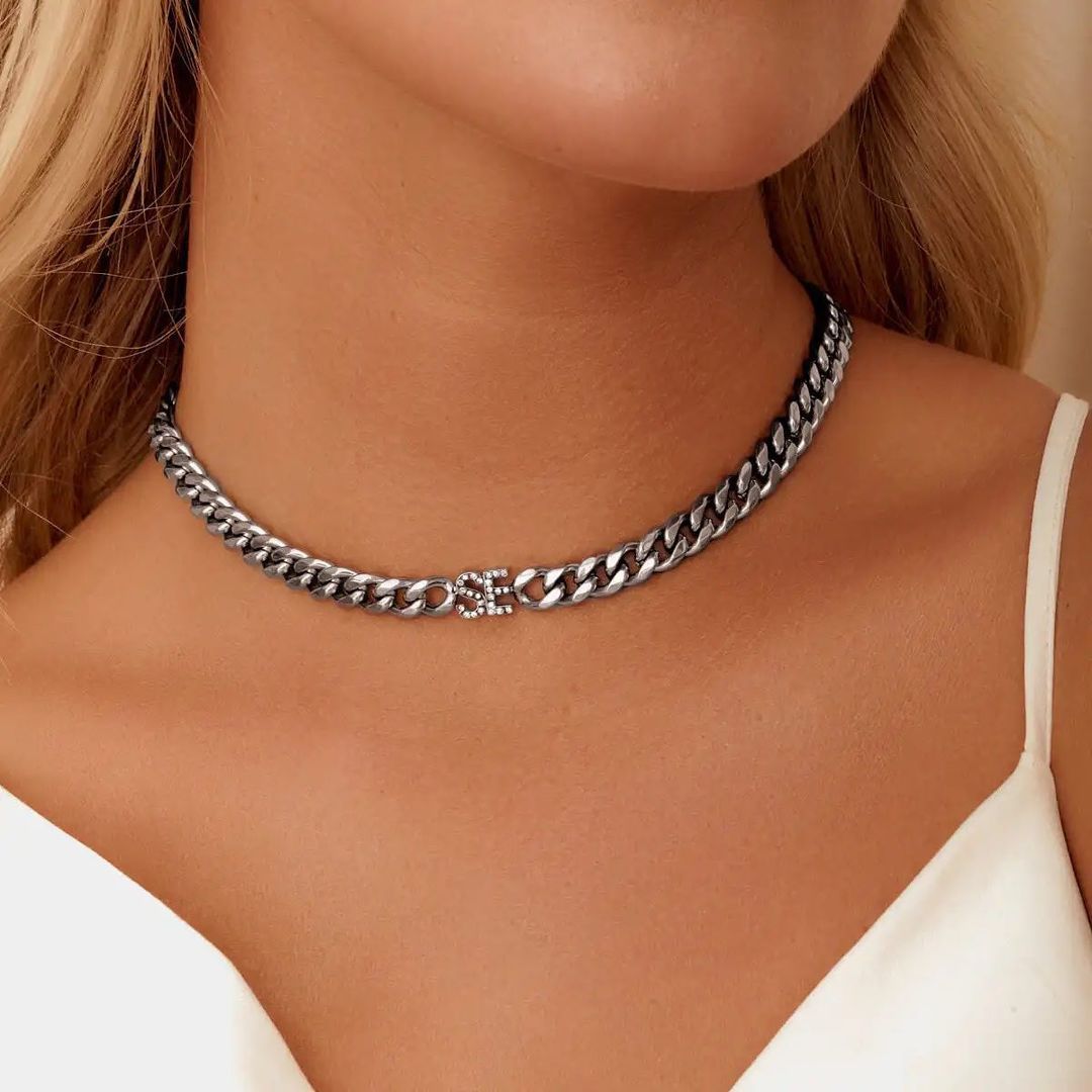 Custom Initial Choker Necklace and Bracelet Set with Cuban Chain-silviax