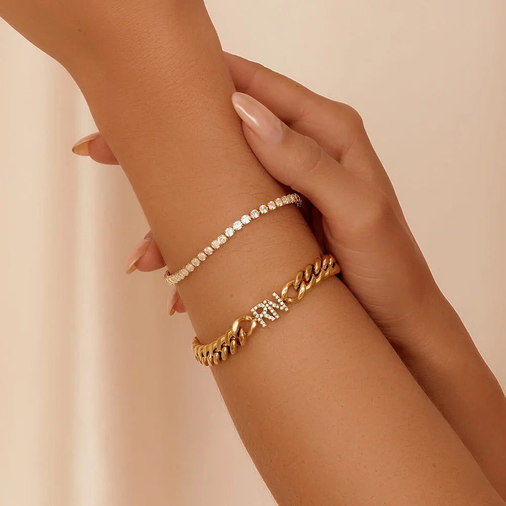 Custom Initial Choker Necklace and Bracelet Set with Cuban Chain-silviax
