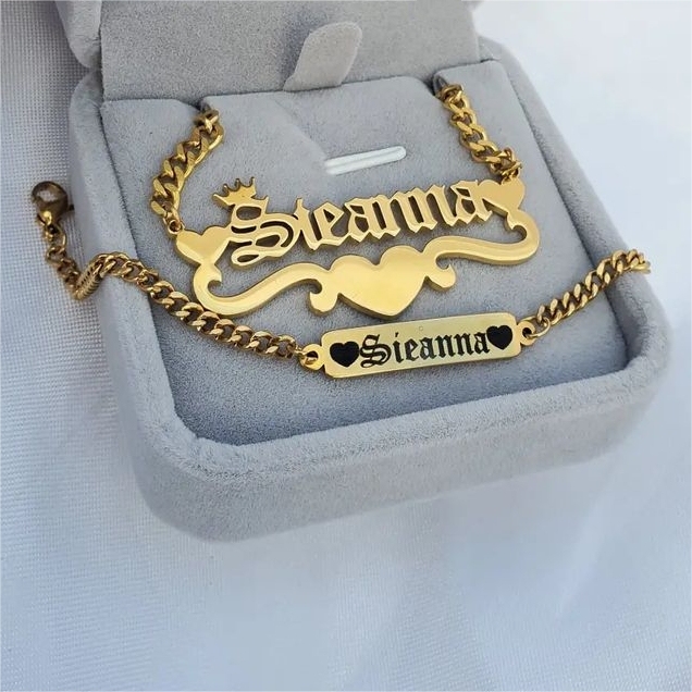 Personalized Three Heart and Crown Nameplate Necklace and Two Hearts Engraved Bar Name Bracelet Set-silviax