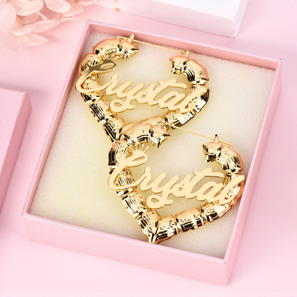 Heart Bamboo Hoop Crown Nameplated Personalized Custom Gold Plated Name Earrings-silviax