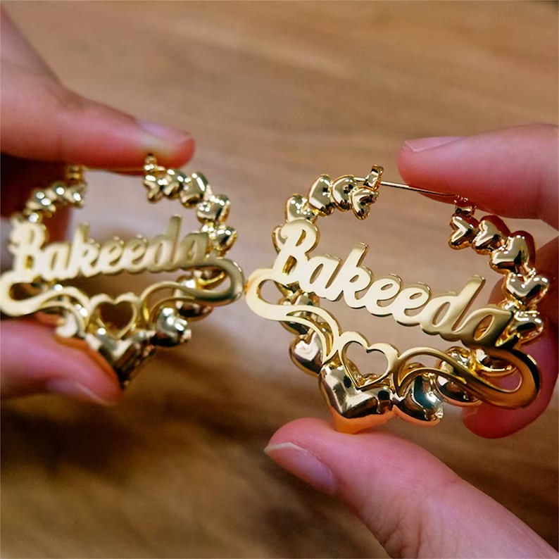 Personalized Custom Heart Shaped Underline Hollow Heart Bamboo Name Earrings-silviax