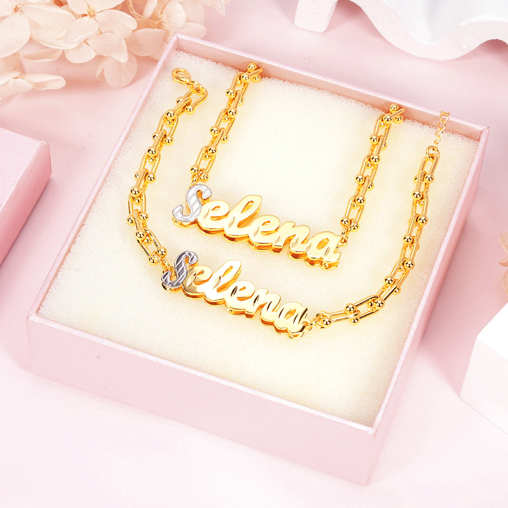 U Link Chain Two Tone Personalized Custom Set Name Necklace And Bracelet-silviax