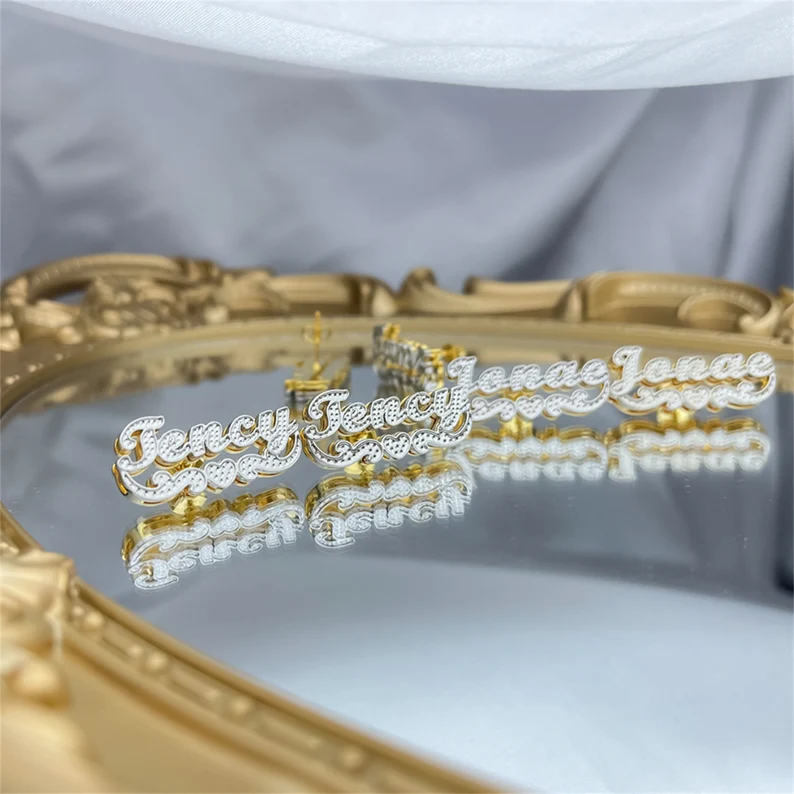 Double Layer Two Tone Heart Underline Nameplate Personalized Custom Gold Plated Name Stud Earrings-silviax