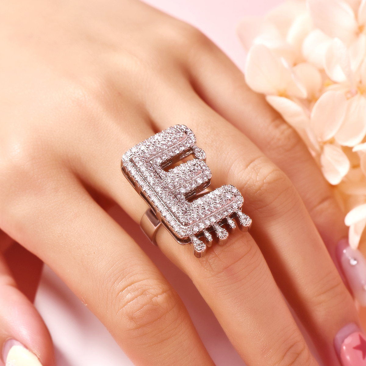 Drip Letter Number Personalized Custom White Gold Initial Ring Hip Hop Style-silviax