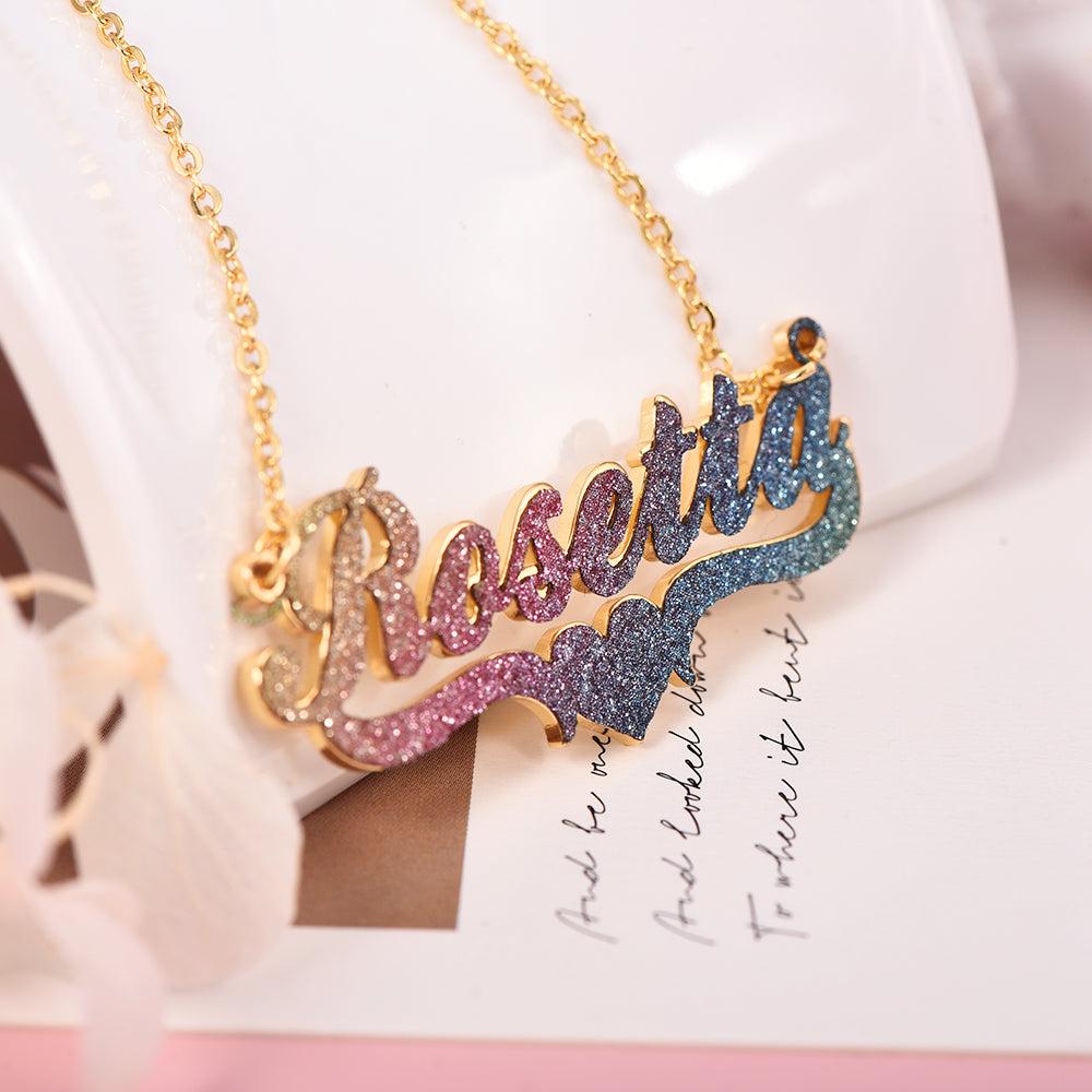 Sparkling Name Jewelry Set with Heart Personalized Name Necklace and Bamboo Earrings Set-silviax