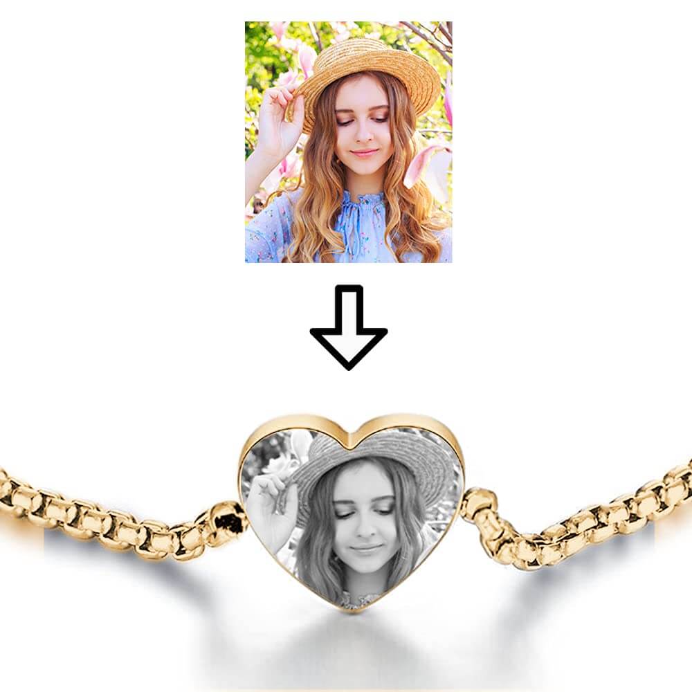 Heart Adjustable Engraved Personalized Custom Gold Plated Photo Bracelet-silviax