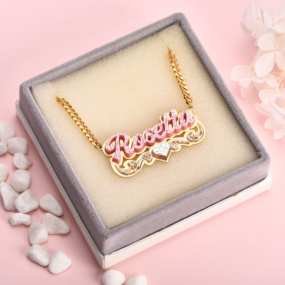 Double Plate Pink Acrylic Nameplate with Heart Personalized Custom Name Necklace-silviax