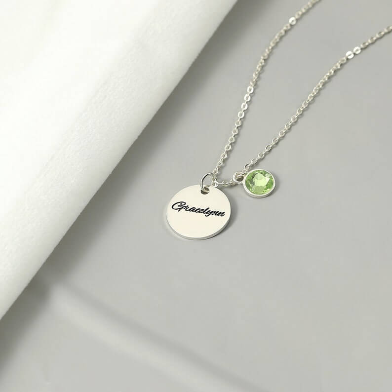 Round Pendant Engrave Name with Birthstone Personalized Custom Gold Plated Engraved Necklace-silviax