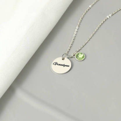 Round Pendant Engrave Name with Birthstone Personalized Custom Gold Plated Engraved Necklace-silviax
