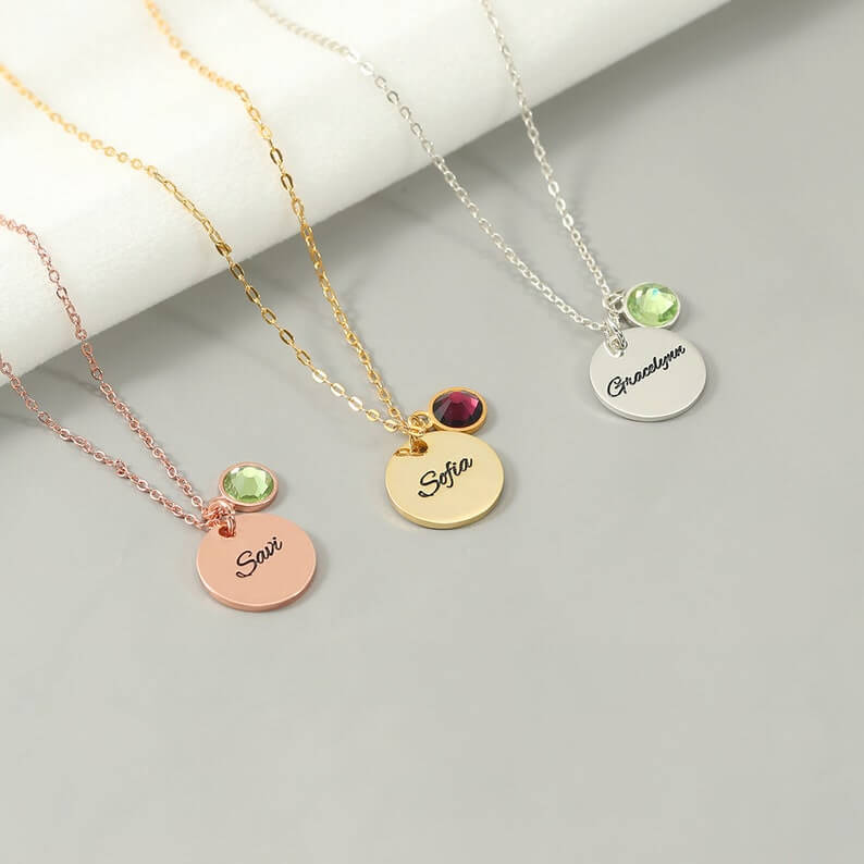 Round Pendant Engrave Name with Birthstone Personalized Custom Gold Plated Engraved Necklace-silviax